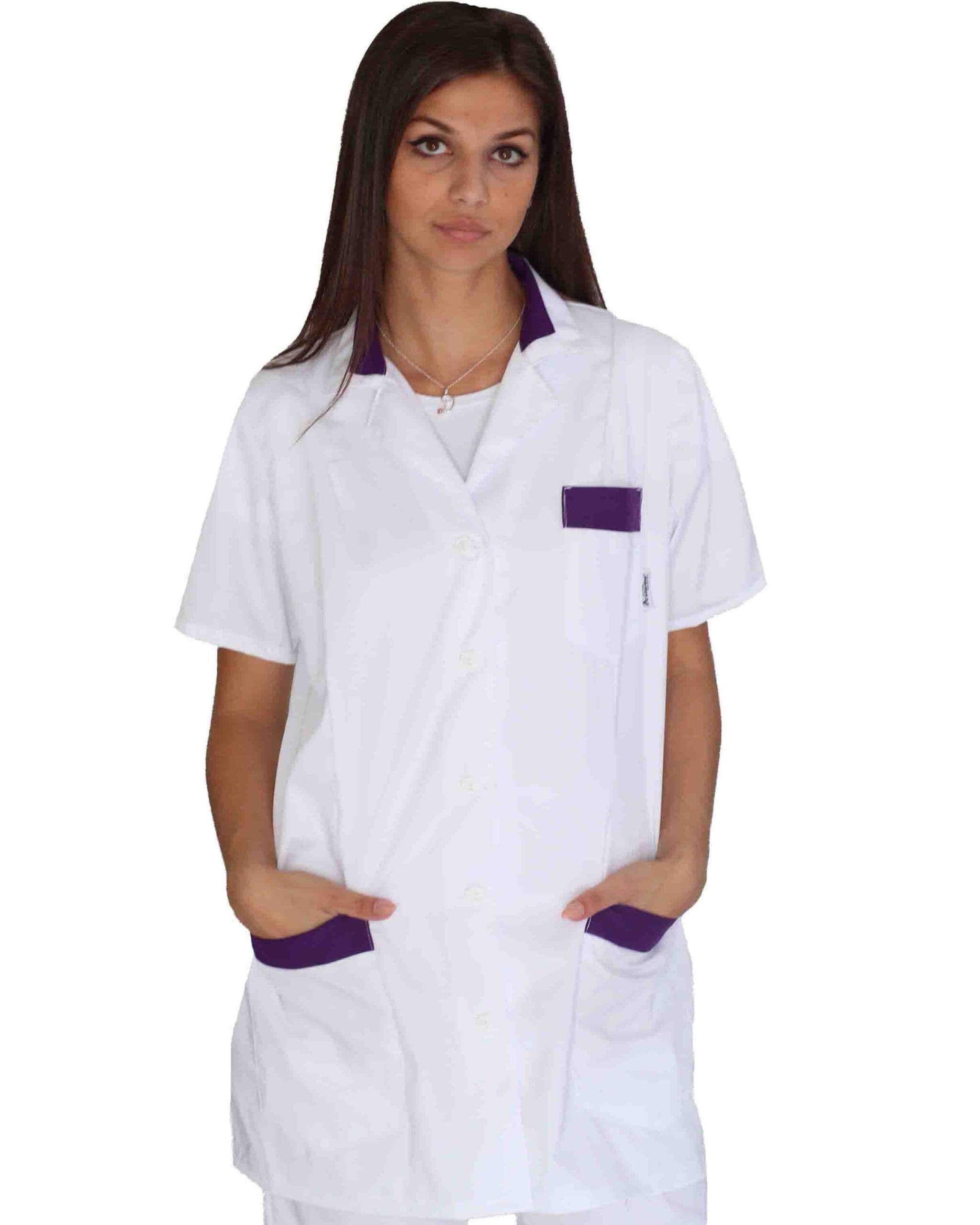 Camice corto bianco e viola Camice corto bianco e viola per estetica e lavoro