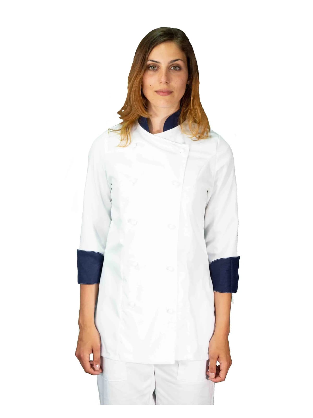 Casacca Chef Donna Bianca e Blu Notte | Uniforme Cuoca Professionale