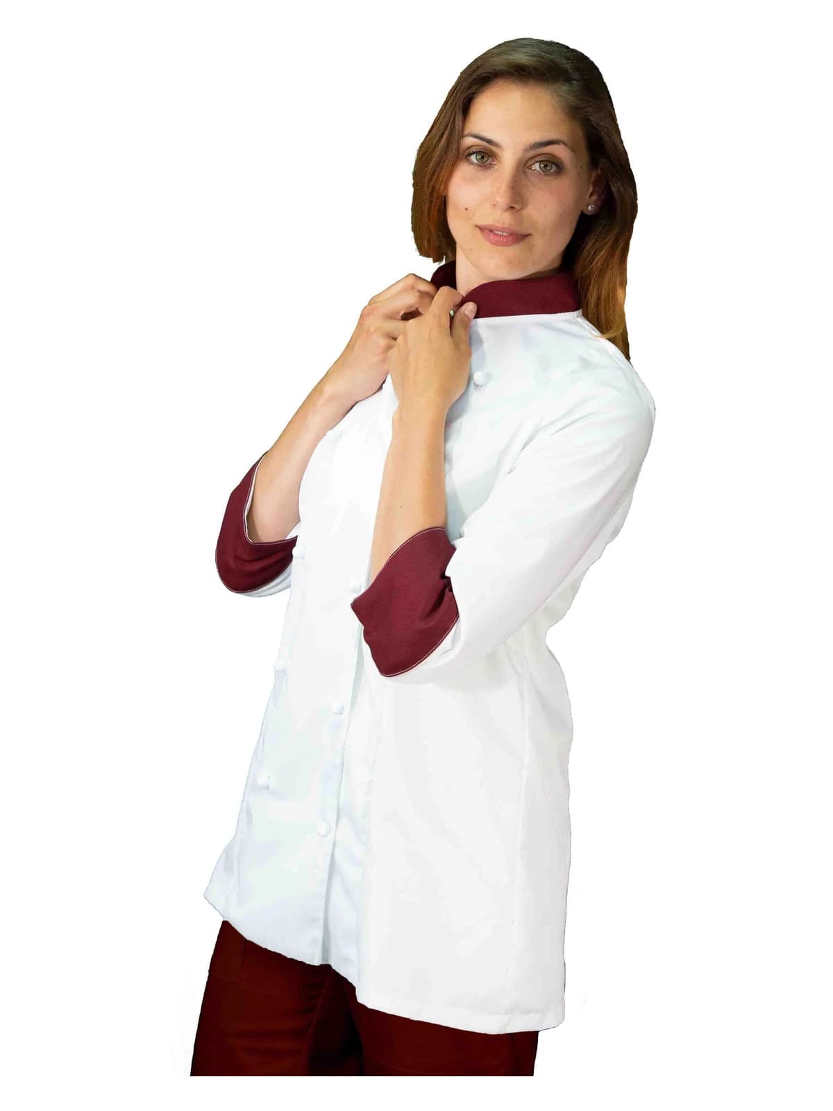 Giacca Cuoco Donna Bianca e Bordeaux manica lunga | Divisa Chef Donna