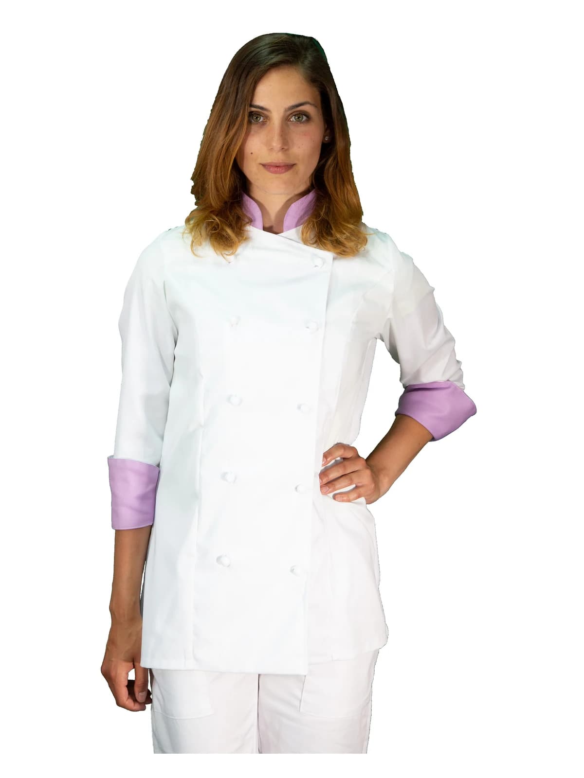 Casacca Chef Donna Bianca e Lilla manica lunga | Uniforme Cuoca Professionale