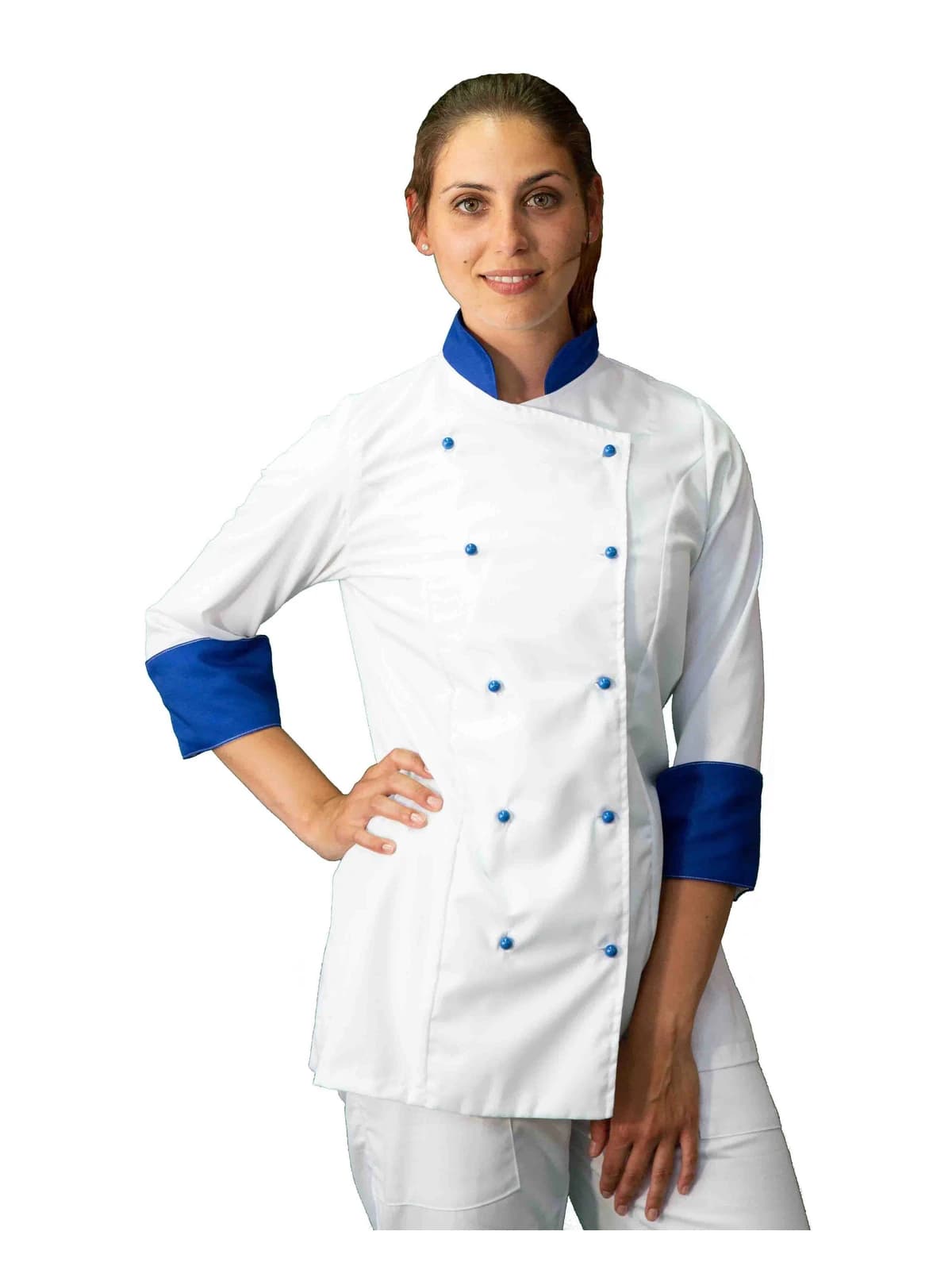 Giacca Cuoco Donna Bianca e Blu manica lunga | Divisa Chef Donna