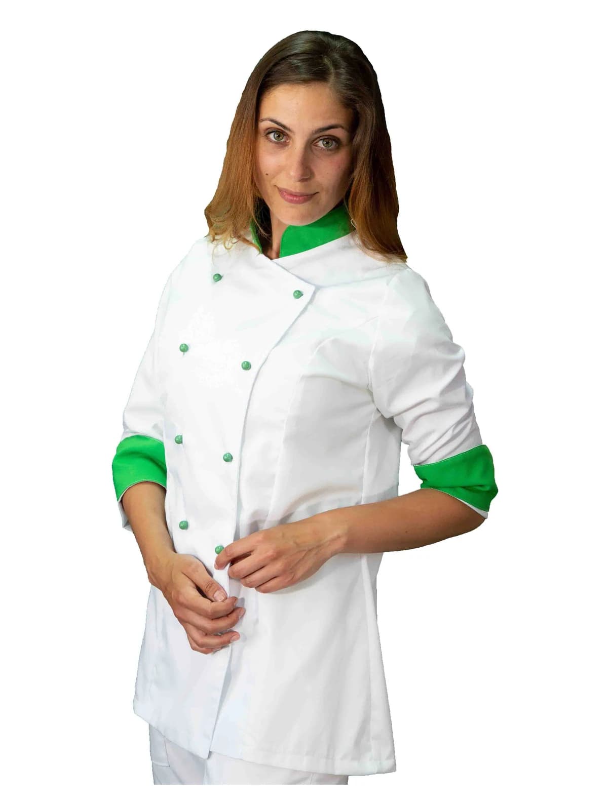 Casacca Chef Donna Bianca e Verde manica lunga | Uniforme Cuoca Professionale
