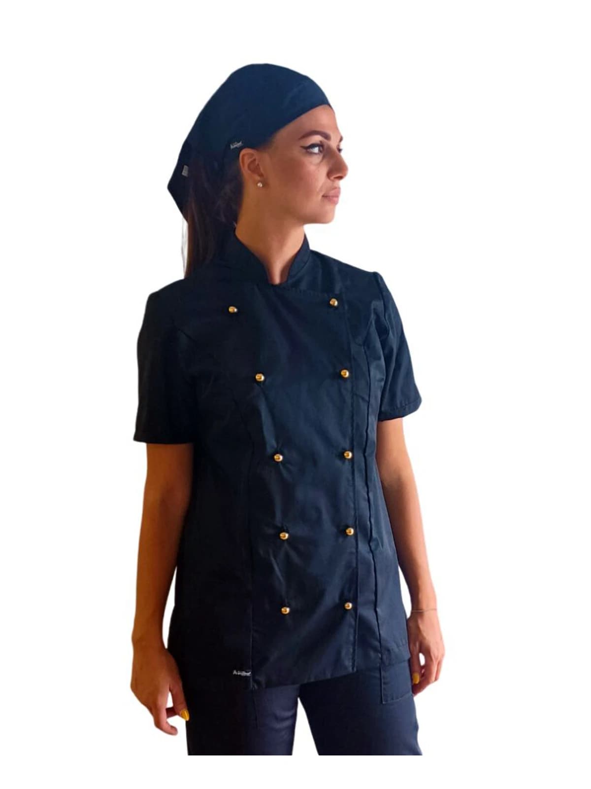 Giacca da Cuoca Nera manica corta con Bottoni Dorati | Abbigliamento Chef Donna