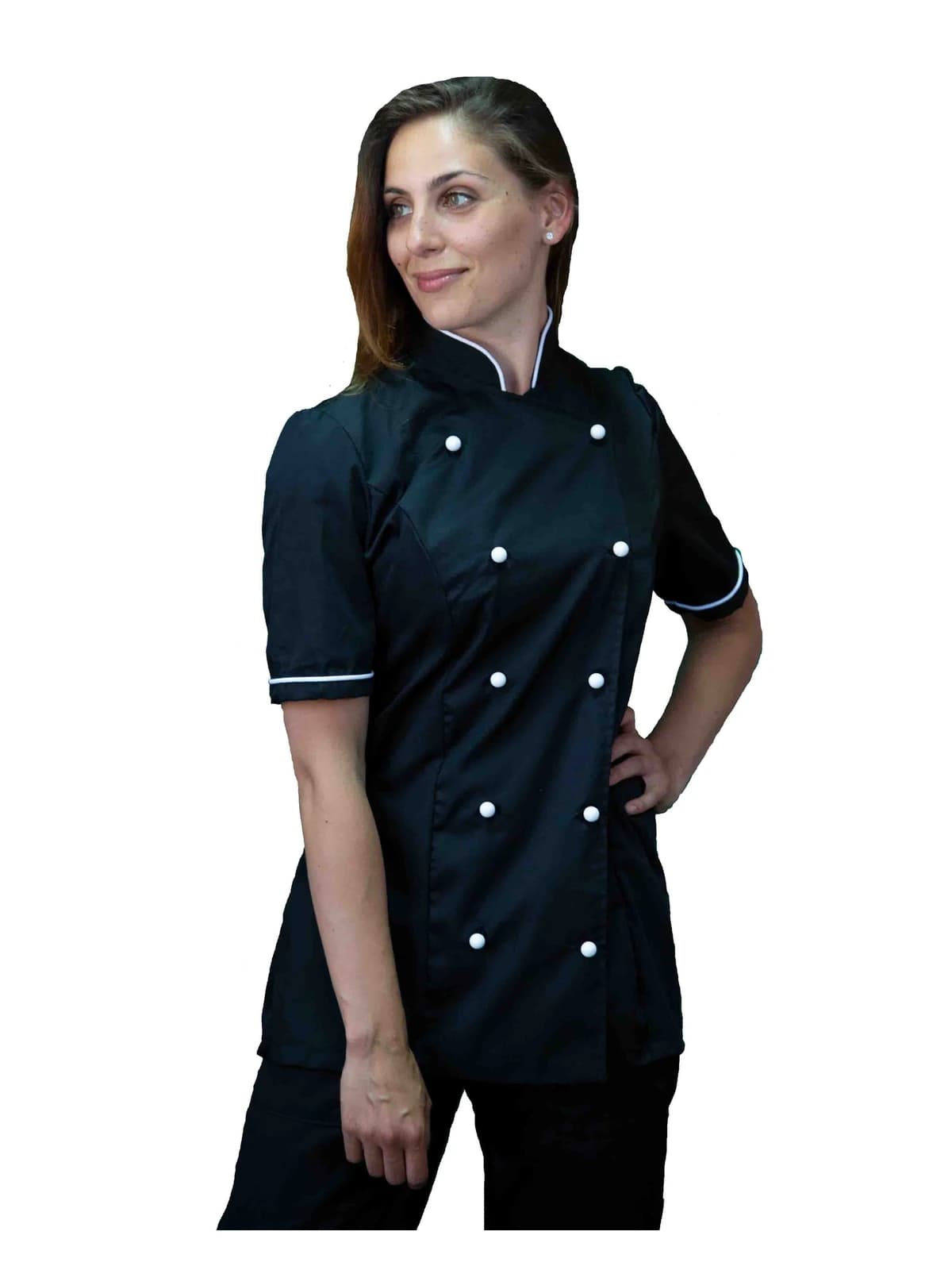 Casacca Chef Donna Nera e Bianca manica corta | Uniforme Cuoca Professionale